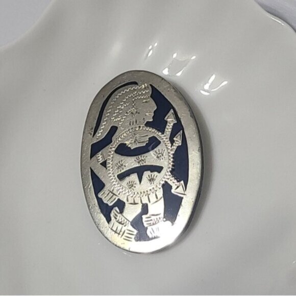 Vintage Boho Sterling Silver Lapis Lazuli Inlay Aztec Tribal Pendant Brooch Pin - Picture 8 of 9